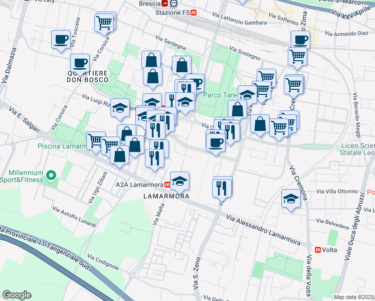 map of restaurants, bars, coffee shops, grocery stores, and more near 40 Via Aldo Moro in Brescia