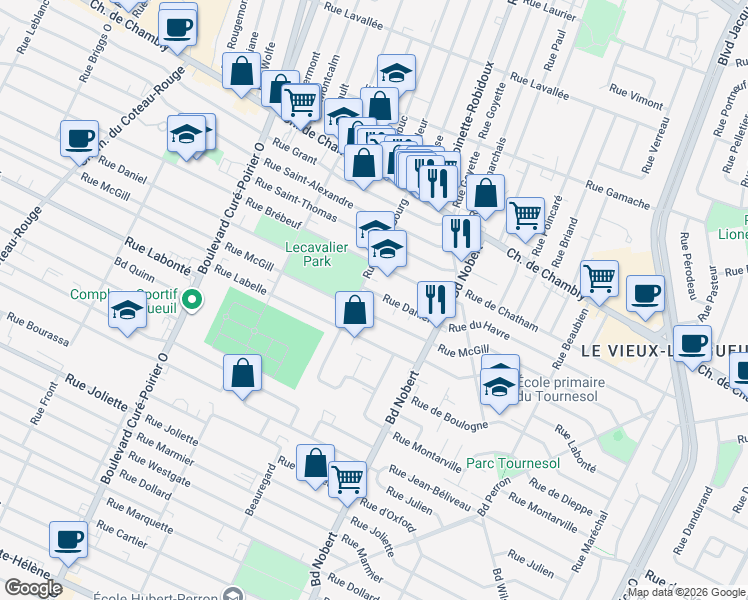 map of restaurants, bars, coffee shops, grocery stores, and more near 2200 Rue Daniel in Longueuil