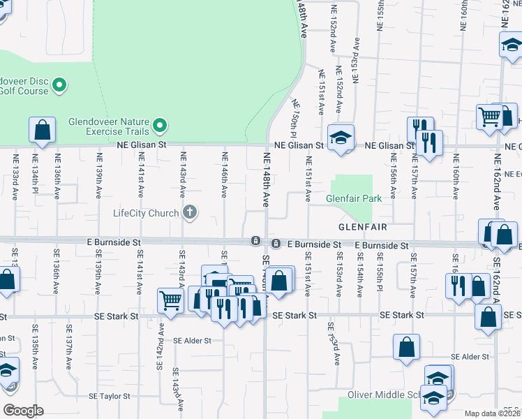 map of restaurants, bars, coffee shops, grocery stores, and more near 109 Northeast 148th Avenue in Portland