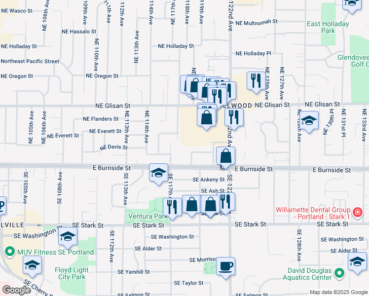 map of restaurants, bars, coffee shops, grocery stores, and more near 11833 Northeast Couch Street in Portland