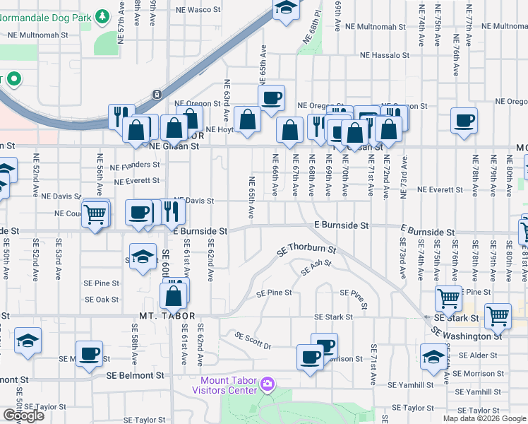 map of restaurants, bars, coffee shops, grocery stores, and more near 25 Northeast 66th Avenue in Portland