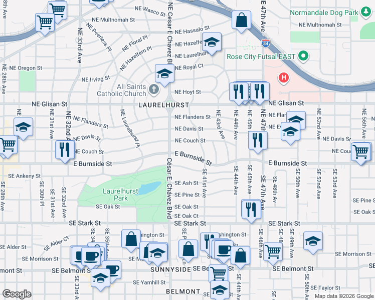 map of restaurants, bars, coffee shops, grocery stores, and more near 3941 East Burnside Street in Portland