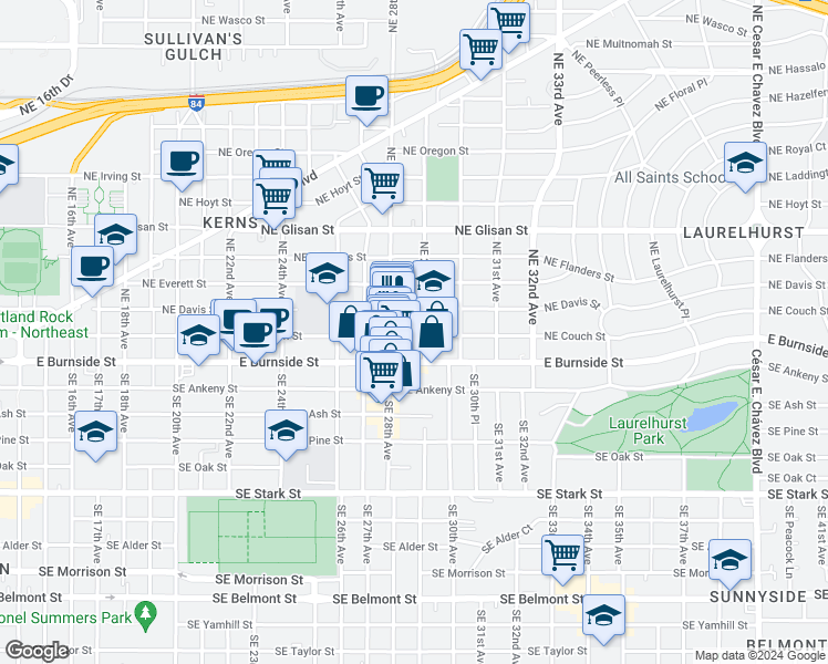 map of restaurants, bars, coffee shops, grocery stores, and more near 2810 Northeast Couch Street in Portland