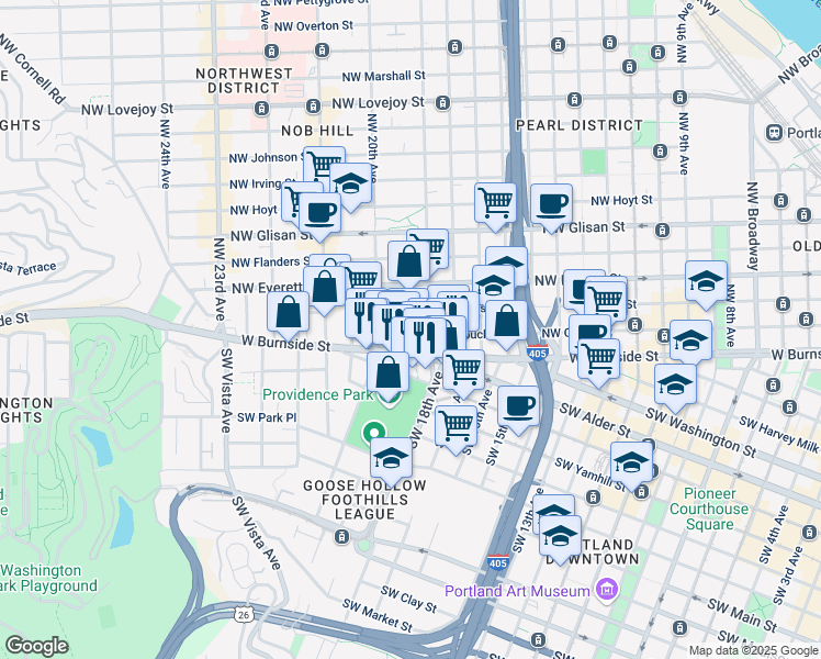 map of restaurants, bars, coffee shops, grocery stores, and more near 1933 West Burnside Street in Portland