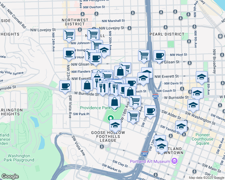 map of restaurants, bars, coffee shops, grocery stores, and more near 2021 West Burnside Street in Portland