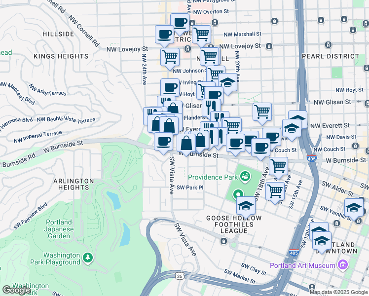map of restaurants, bars, coffee shops, grocery stores, and more near 2225 West Burnside Street in Portland