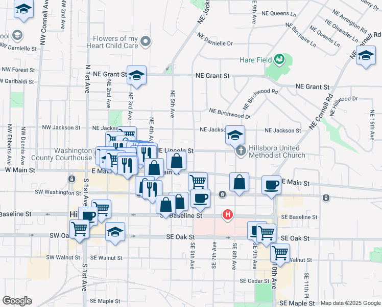 map of restaurants, bars, coffee shops, grocery stores, and more near 160 Northeast 6th Avenue in Hillsboro