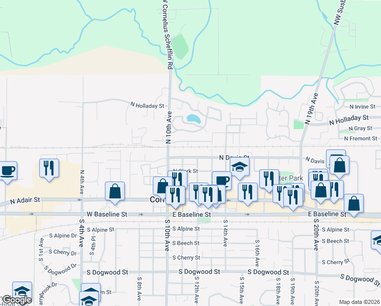 map of restaurants, bars, coffee shops, grocery stores, and more near 1202 North Davis Street in Cornelius