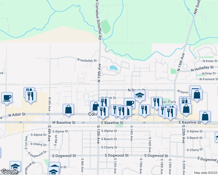 map of restaurants, bars, coffee shops, grocery stores, and more near 1050 North Davis Street in Cornelius
