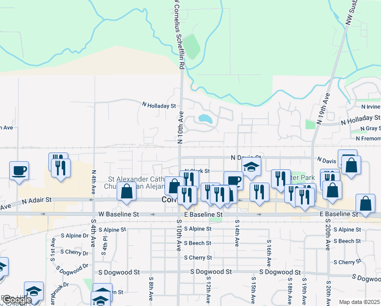 map of restaurants, bars, coffee shops, grocery stores, and more near 1050 North Davis Street in Cornelius