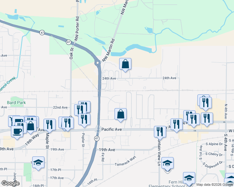 map of restaurants, bars, coffee shops, grocery stores, and more near 2346 Rhodora Street in Forest Grove