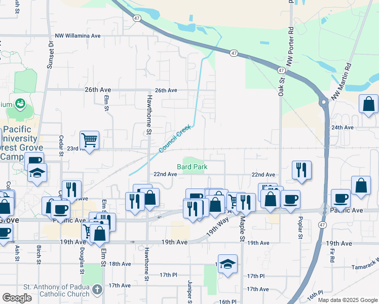 map of restaurants, bars, coffee shops, grocery stores, and more near 2815 22nd Place in Forest Grove