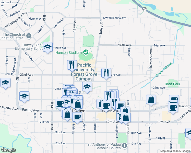 map of restaurants, bars, coffee shops, grocery stores, and more near 2220 23rd Avenue in Forest Grove