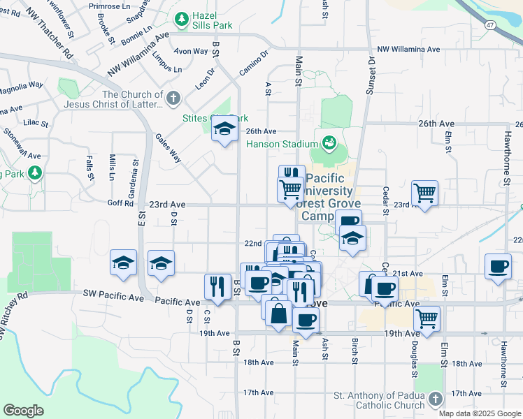 map of restaurants, bars, coffee shops, grocery stores, and more near 2240 A Street in Forest Grove