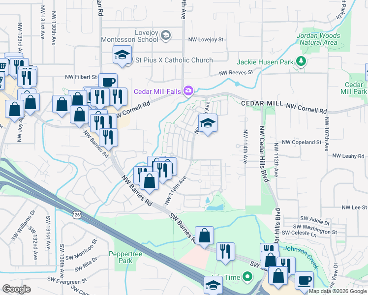 map of restaurants, bars, coffee shops, grocery stores, and more near 595 Northwest 118th Avenue in Portland