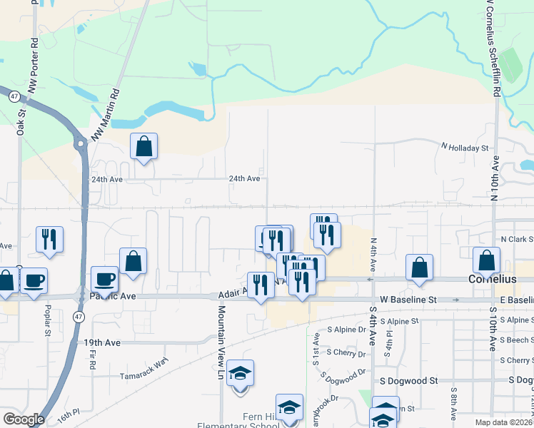 map of restaurants, bars, coffee shops, grocery stores, and more near Yew Street in Forest Grove