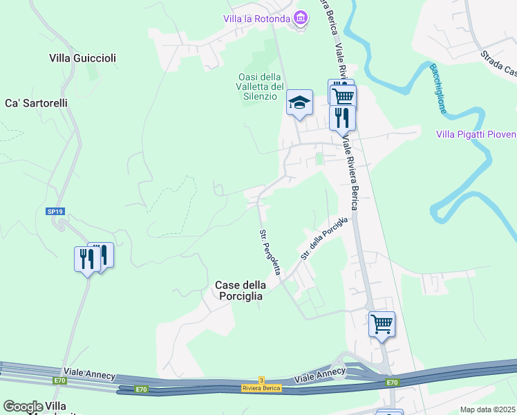 map of restaurants, bars, coffee shops, grocery stores, and more near 125 Strada Pergoletta in Vicenza