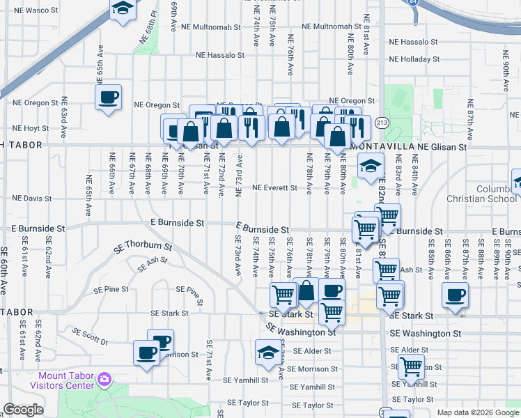 map of restaurants, bars, coffee shops, grocery stores, and more near 114 Northeast 74th Avenue in Portland
