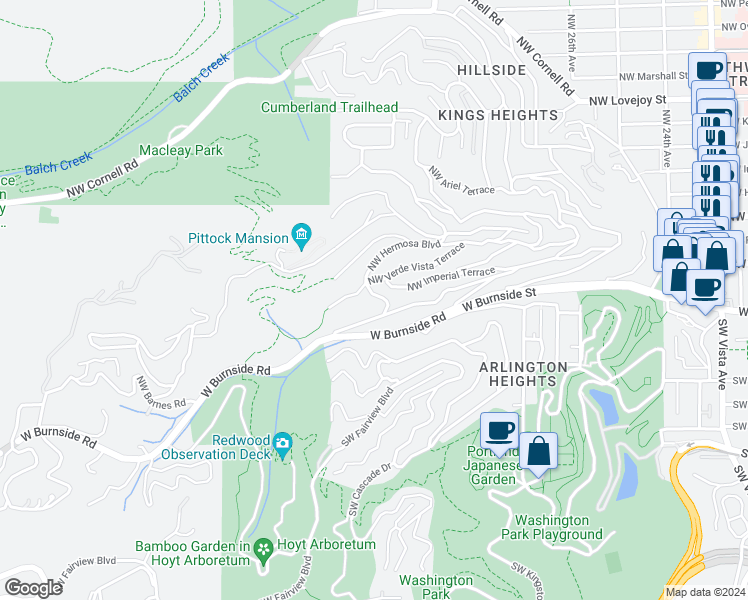 map of restaurants, bars, coffee shops, grocery stores, and more near 3114 Northwest Verde Vista Terrace in Portland