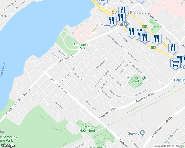 map of restaurants, bars, coffee shops, grocery stores, and more near 6991 Avenue Alfred de Vigny in Montréal