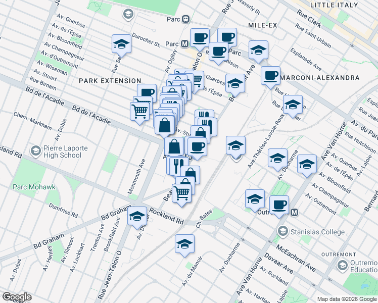 map of restaurants, bars, coffee shops, grocery stores, and more near 6915 Boulevard de l'Acadie in Montreal