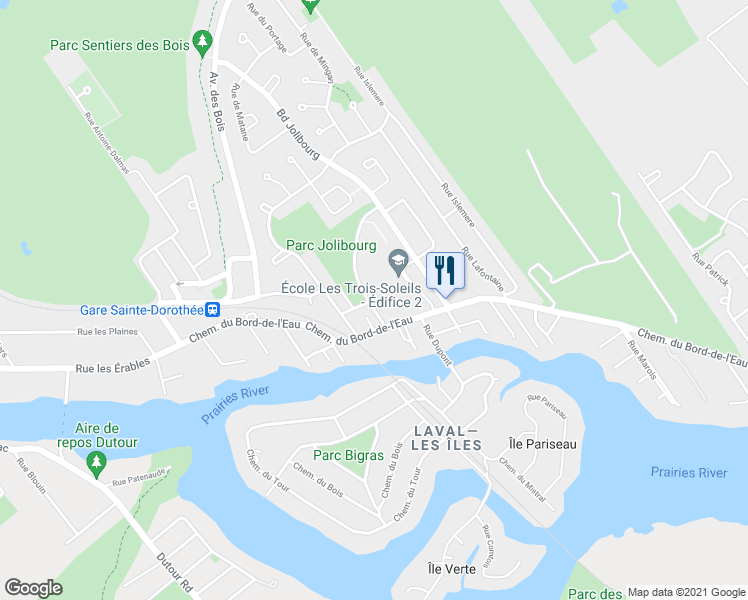 map of restaurants, bars, coffee shops, grocery stores, and more near 1231 Rue du Relais in Laval