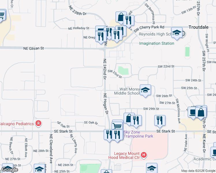 map of restaurants, bars, coffee shops, grocery stores, and more near 3700-3734 Northeast 242nd Drive in Gresham