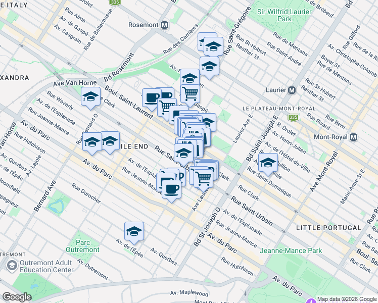 map of restaurants, bars, coffee shops, grocery stores, and more near 5235 Rue Clark in Montréal