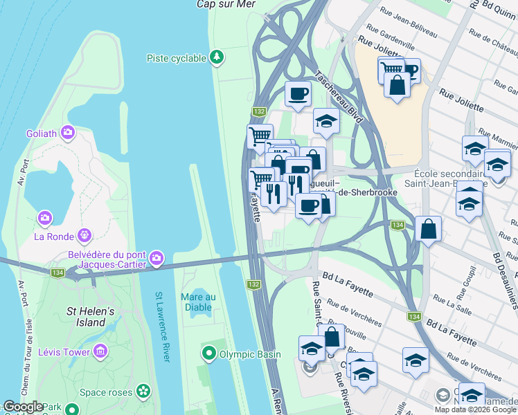 map of restaurants, bars, coffee shops, grocery stores, and more near 15 Boulevard La Fayette in Longueuil