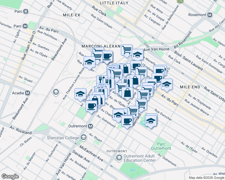 map of restaurants, bars, coffee shops, grocery stores, and more near 795 Avenue Querbes in Montréal