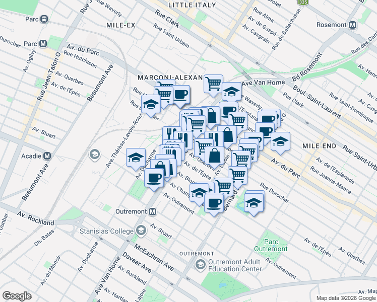 map of restaurants, bars, coffee shops, grocery stores, and more near 795 Avenue Querbes in Montréal