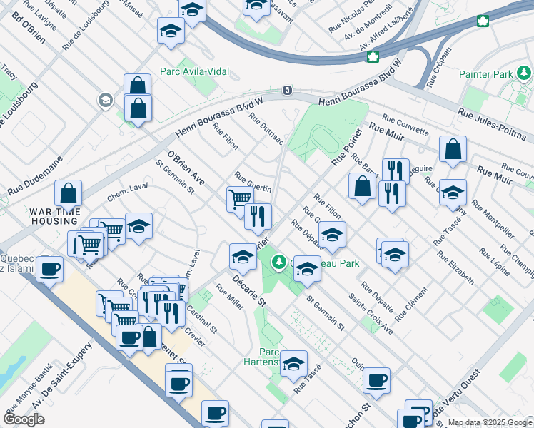 map of restaurants, bars, coffee shops, grocery stores, and more near in Montreal