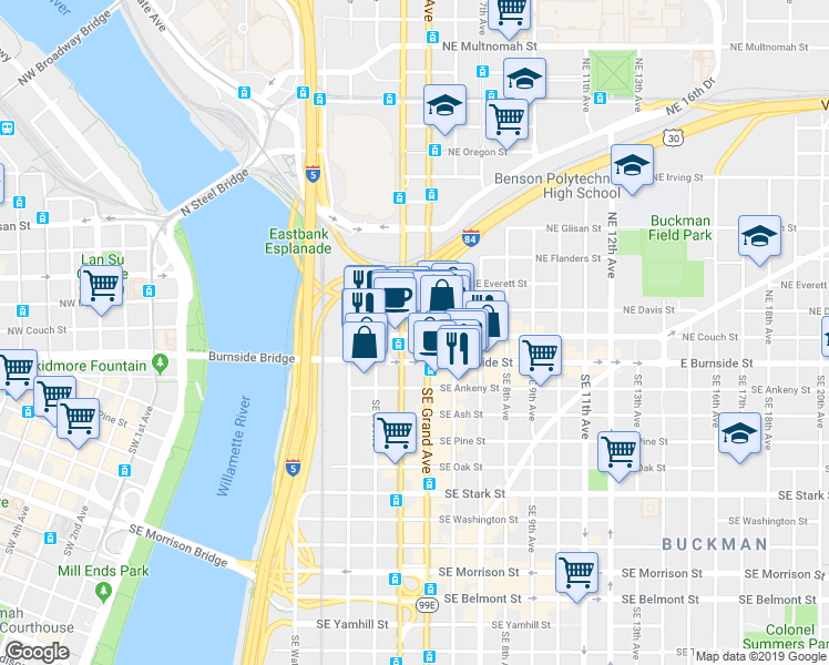 map of restaurants, bars, coffee shops, grocery stores, and more near 419 Northeast Couch Street in Portland