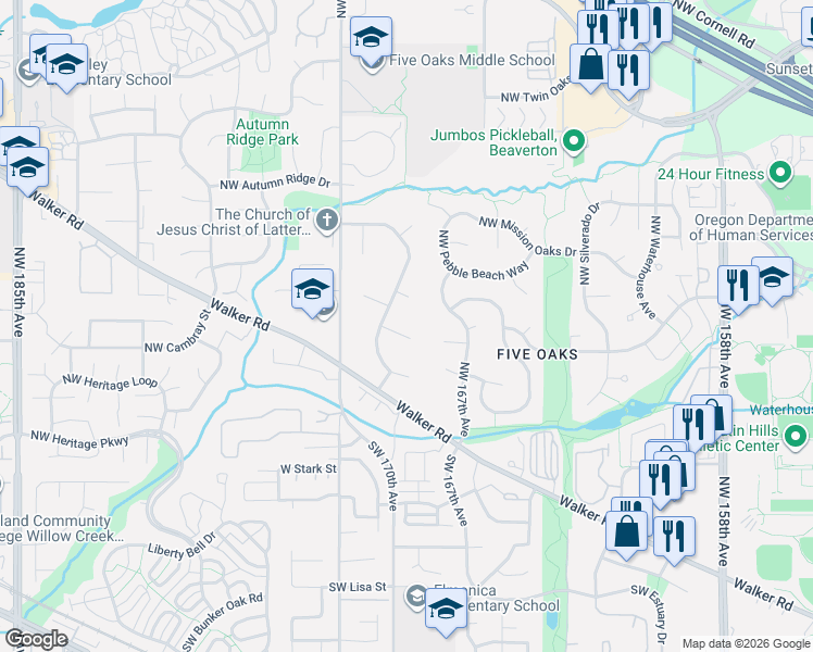 map of restaurants, bars, coffee shops, grocery stores, and more near 16969 Northwest Hazelgrove Court in Beaverton