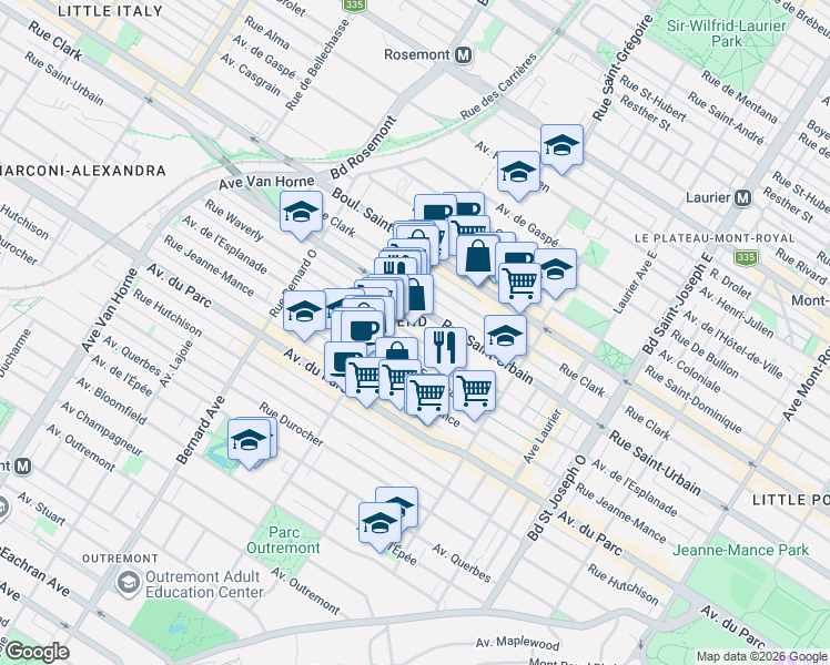 map of restaurants, bars, coffee shops, grocery stores, and more near 5405 Rue Waverly in Montréal