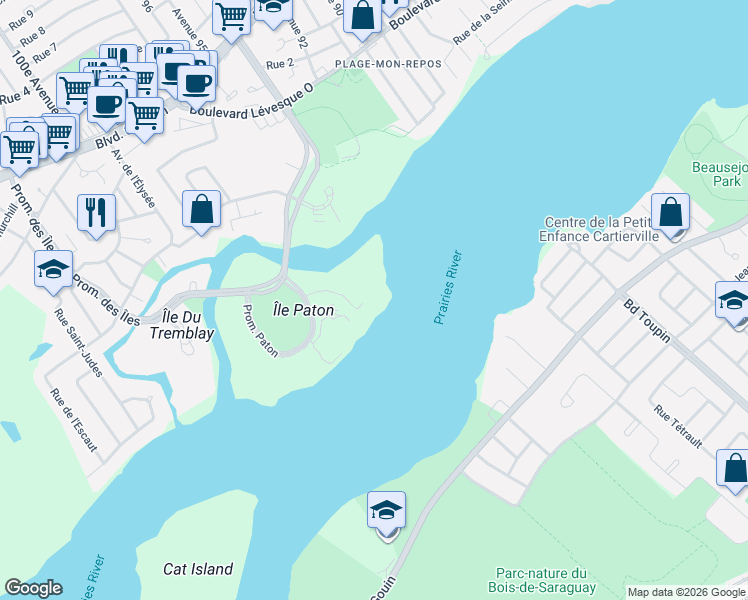 map of restaurants, bars, coffee shops, grocery stores, and more near 4450 Promenade Paton in Laval