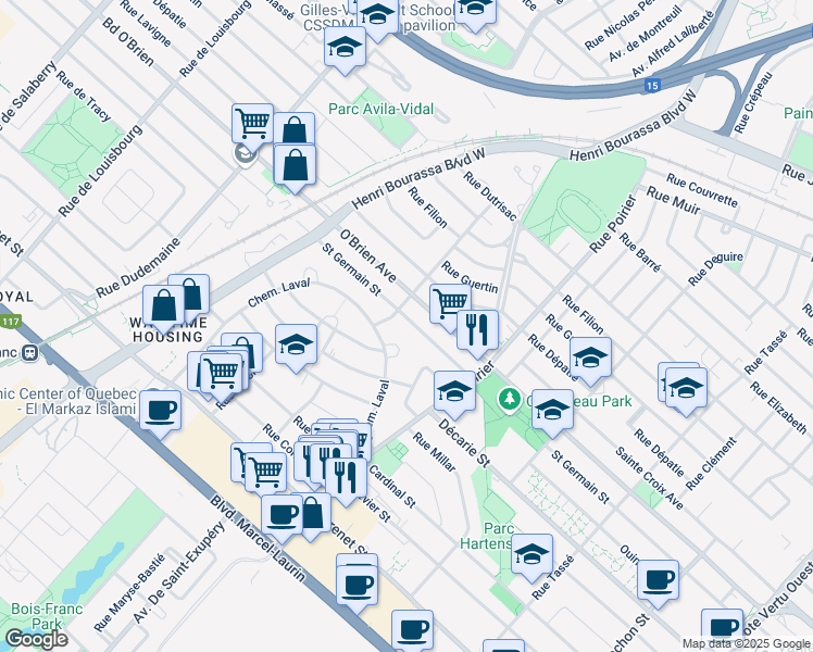 map of restaurants, bars, coffee shops, grocery stores, and more near 1974 Rue Saint Germain in Montréal