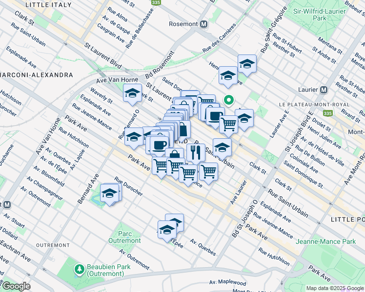 map of restaurants, bars, coffee shops, grocery stores, and more near 5403 Rue Waverly in Montréal