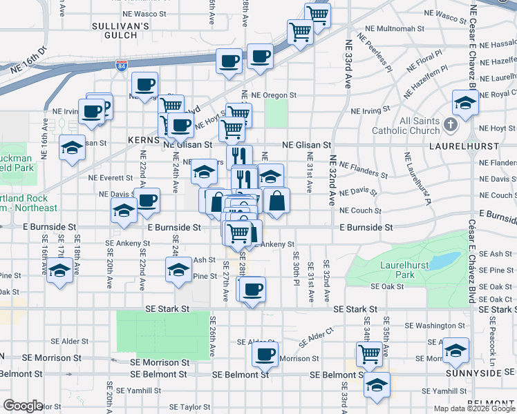 map of restaurants, bars, coffee shops, grocery stores, and more near 2810 Northeast Couch Street in Portland