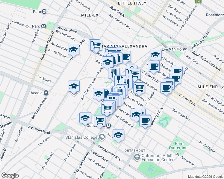 map of restaurants, bars, coffee shops, grocery stores, and more near 1100 Avenue Ducharme in Montréal