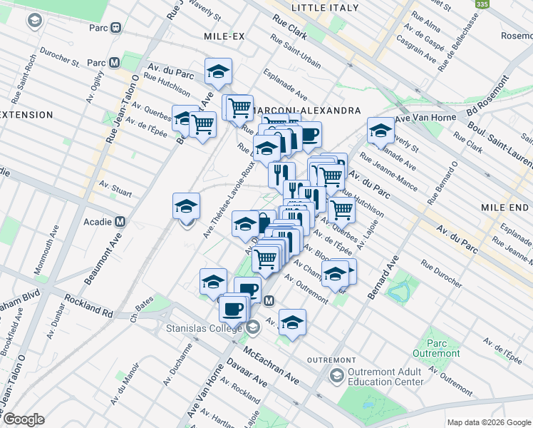 map of restaurants, bars, coffee shops, grocery stores, and more near 1195 Avenue Ducharme in Montréal