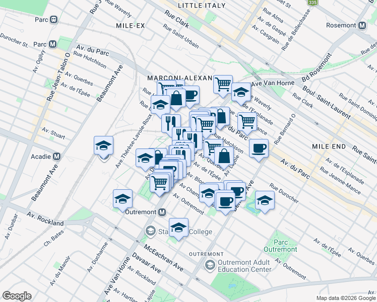 map of restaurants, bars, coffee shops, grocery stores, and more near 828 Avenue Querbes in Montréal