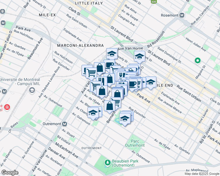 map of restaurants, bars, coffee shops, grocery stores, and more near 6000 Rue Hutchison in Montreal