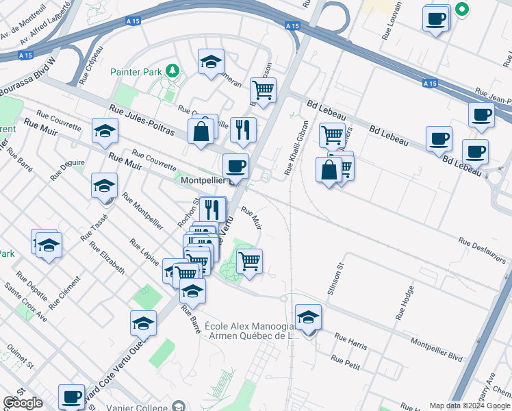 map of restaurants, bars, coffee shops, grocery stores, and more near 945 Rue Muir in Montréal