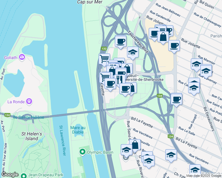 map of restaurants, bars, coffee shops, grocery stores, and more near 950 Rue de Sérigny in Longueuil