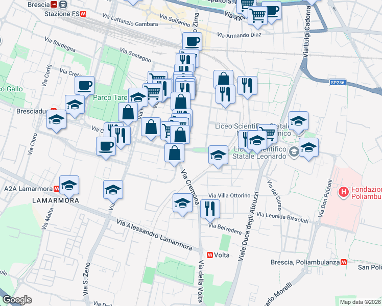 map of restaurants, bars, coffee shops, grocery stores, and more near 110 Via Repubblica Argentina in Brescia