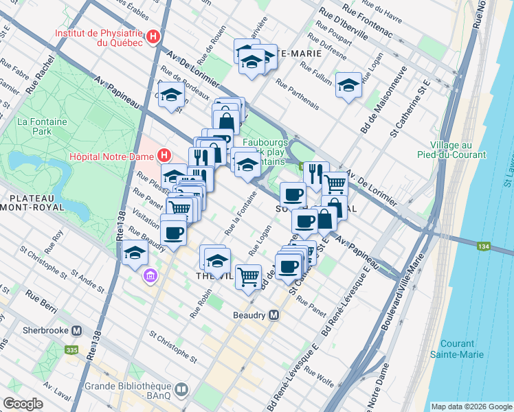 map of restaurants, bars, coffee shops, grocery stores, and more near 1717 Rue De Champlain in Montréal