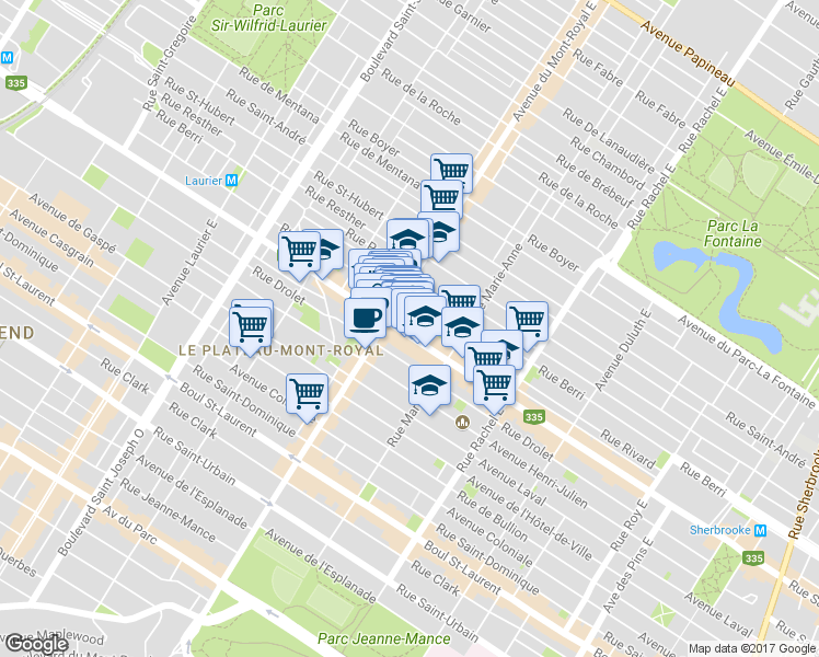 map of restaurants, bars, coffee shops, grocery stores, and more near 4445 Rue Saint-Denis in Montréal