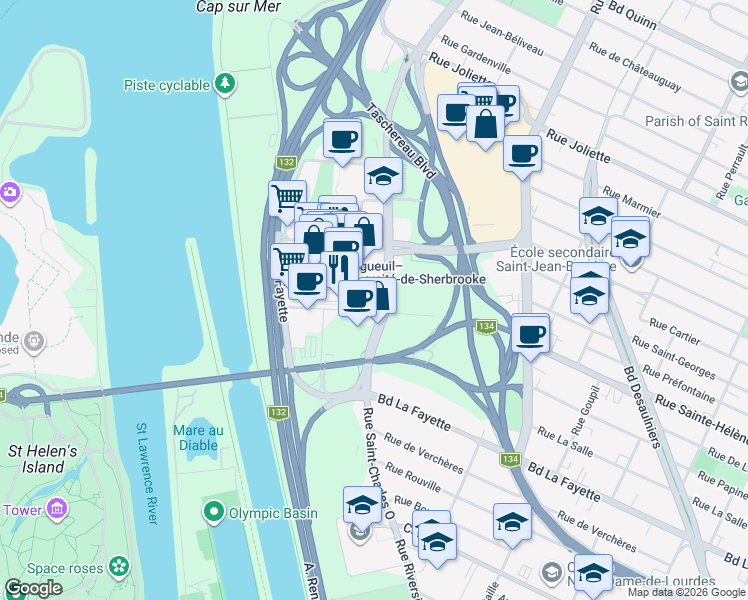 map of restaurants, bars, coffee shops, grocery stores, and more near 1155 Rue Saint-Charles Ouest in Longueuil