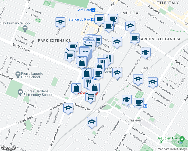 map of restaurants, bars, coffee shops, grocery stores, and more near 6915 Boulevard de l'Acadie in Montréal